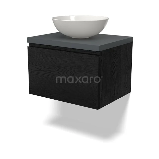 Modulo Plato Badmöbel mit Aufsatzwaschbecken | 60 cm Schwarze Eiche Grifflos front Dunkelgrau blatt 1 Schublade BMK11-02307 Schwarzes schwebendes Badezimmermöbelset mit mattem Steingeschirr und weißem keramischen Aufsatzwaschbecken, schlichtes Design.