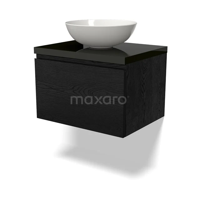 Schwarzes Holz-Badmöbel mit einem modernen keramischen Aufsatzwaschbecken, Wandmontage, schnittiges Design.