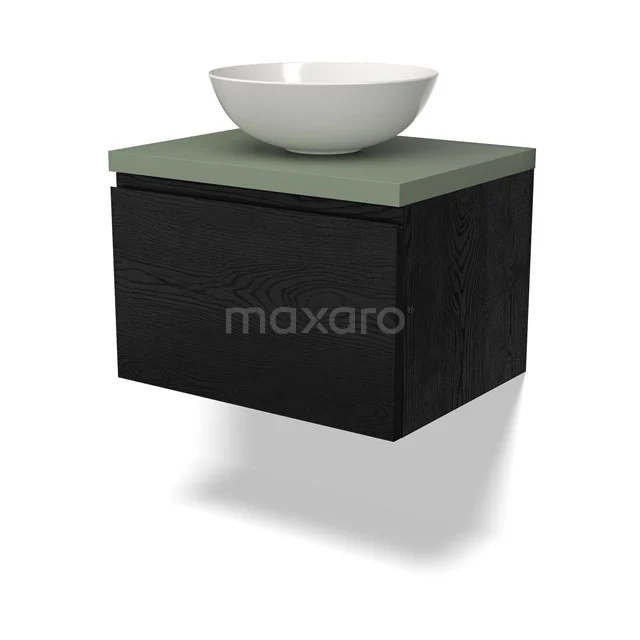 Schwarzes schwebendes Badmöbel mit grünem Waschtischplatte und weißem komförmigen Aufsatzwaschbecken, minimalistisches Design.