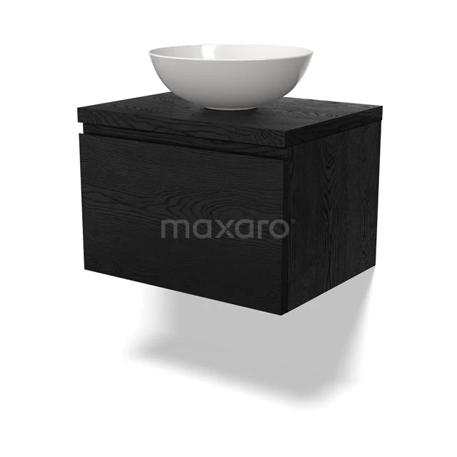 Waschtischunterschrank mit Konsole BMK11-02310 Schwarzes Holz-Badmöbel mit einem weißen Aufsatzbecken, modernes Design und Wandmontage, ideal als kompakte Lösung für das Badezimmer.