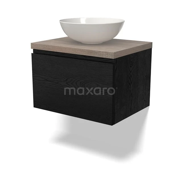 Schwarzes Holz-Badmöbel mit Waschbecken, Eichenplatte und weißer Schüssel; modernes Design, ideal für ein stilvolles Badezimmer.