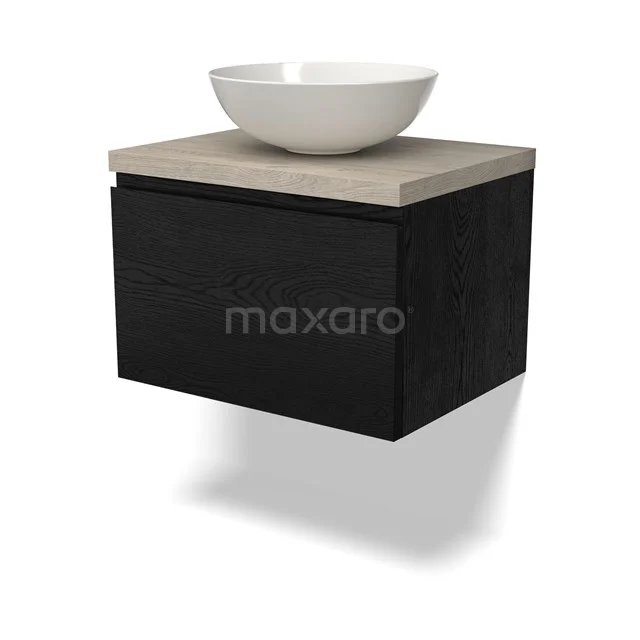 Schwarzes Holz-Badmöbel mit keramischem Aufsatzwaschbecken und hellem Eichenplatte, modernes schwebendes Design.