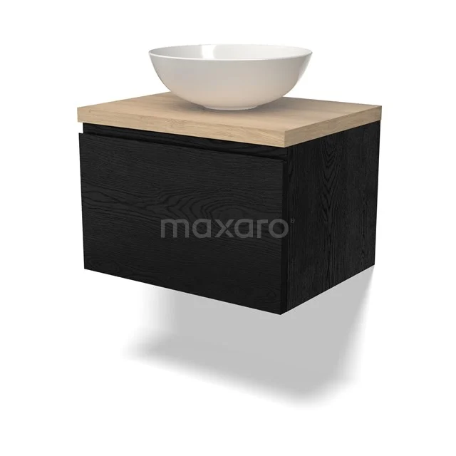 Zweites Schwarz Holz Badezimmermöbel mit einem runden weißen Aufsatzwaschbecken und Eichen Platte, ideal für moderne Bäder.