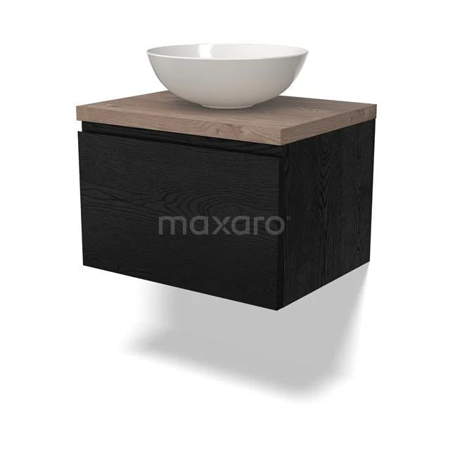 Zweckmäßige schwarze Badmöbel mit Holzoptik Platte und weißem Aufsatzwaschbecken, kompaktes und modernes Design für stilvolle Badezimmergestaltung.