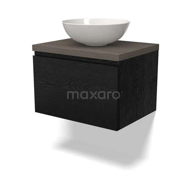 Waschtischunterschrank mit Konsole BMK11-02315 Schwarzes Holz-Badmöbel mit Waschbecken aus weißer Keramik, modernes Design mit dunkler Eichenplatte.