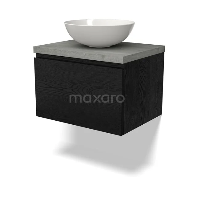 Schwarzes hängendes Badmöbel mit Beton Platte und weißer komförmiger Waschbecken, modernes Design für stilvolle Bäder.