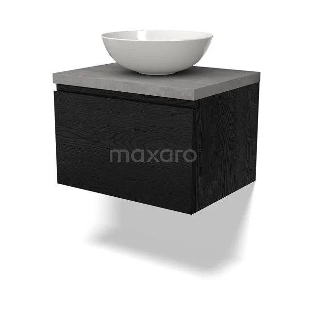 Zweites Badezimmermöbelset mit Betonlook Platte, schwarzer Lade und weißem Aufsatzwaschbecken, kompakt und stilvoll für moderne Bäder.