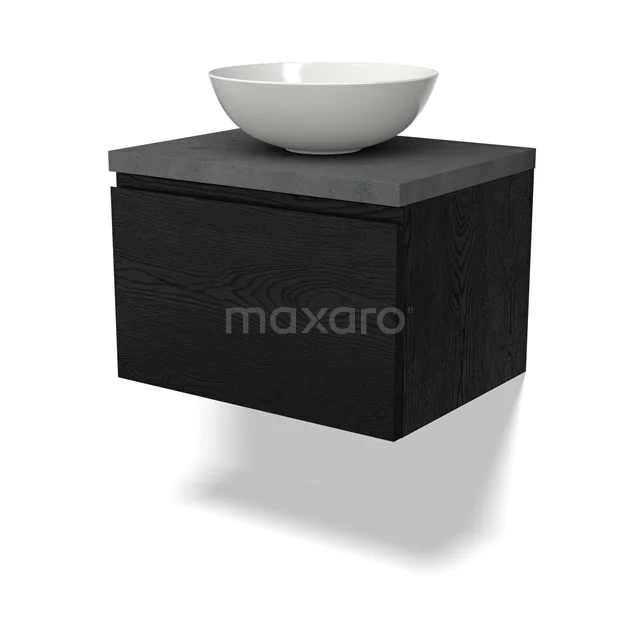 Waschtischunterschrank mit Konsole BMK11-02318 Schwarzes Holz-Badmöbel mit Steinplatte und weißem Aufsatzwaschbecken, modernes schwebendes Design für ein stilvolles Badezimmer.