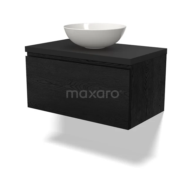 Schwarzes Holz-Badmöbel mit weißem rundem Aufsatzwaschbecken, schlichtes Design und hängendes Modell für ein modernes Badezimmer.