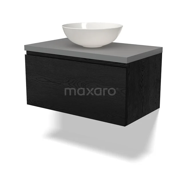 Zwevende schwarze Eiche Badmöbel mit grauer Platte und weißem Aufsatzwaschbecken, strakes Design für moderne Bäder.