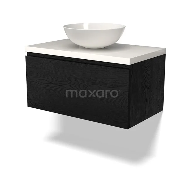 Schwarzer Holz-Waschbeckenunterschrank mit rundem weißen Aufsatzwaschbecken und weißer Arbeitsplatte, ideal für eine moderne Badezimmer Einrichtung.