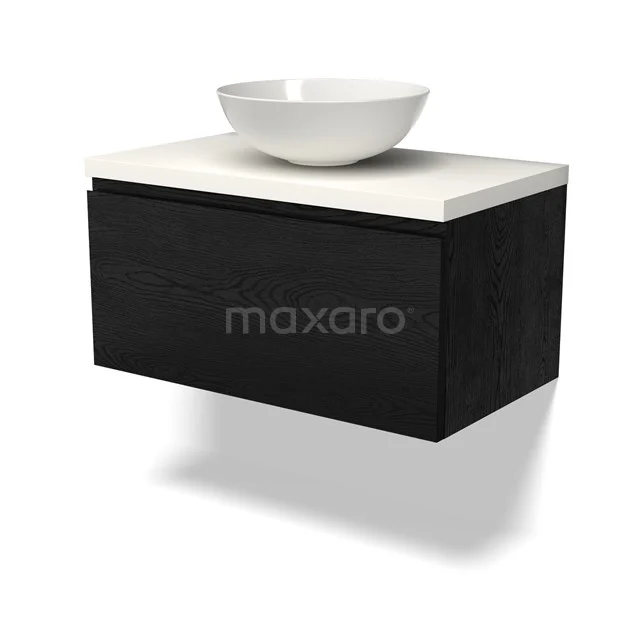 Schwarzes Holz Badezimmermöbel mit weißem Aufsatzwaschbecken und keramischer Oberplatte, modernes Design für stilvolle Badezimmergestaltung.