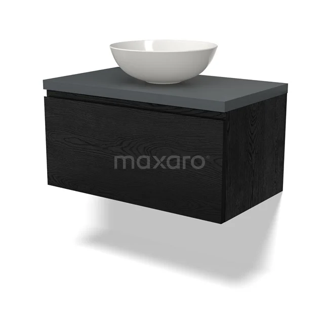 Schwarzer schwebender Badschrank mit mattschwarzer Waschtischplatte und weißem rundem Aufsatzwaschbecken, moderne Ausführung für stilvolle Bäder.