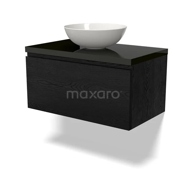 Schwarz Badmöbel mit schwarzer Holzoberfläche, Aufsatzwaschbecken in weißer Keramik, straffes und modernes Design.