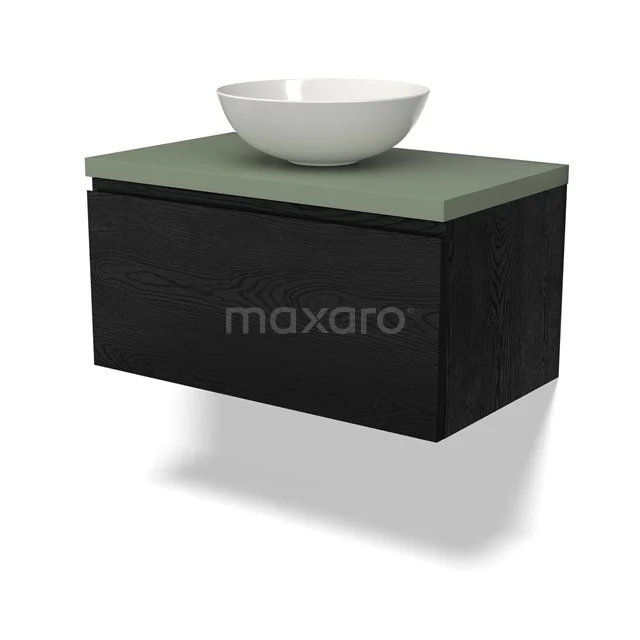 Waschtischunterschrank mit Konsole BMK11-02326 Schwarzes Holz-Badmöbel mit grünem Natursteine Waschtischplatte und weißem rundem Aufsatzwaschbecken, modernes Design.