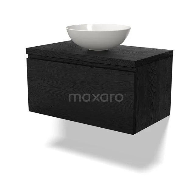 Schwarzes Holz-Badmöbel mit schwebendem Design und rundem weißen Waschbecken, ideal für ein modernes Badezimmer-Upgrade.