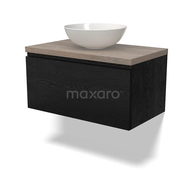 Waschtischunterschrank mit Konsole BMK11-02328 Zweites schwarzes Eichen-Badmöbel mit keramischem Aufsatzwaschbecken und Holzplatte, modernes und stilvolles Design.