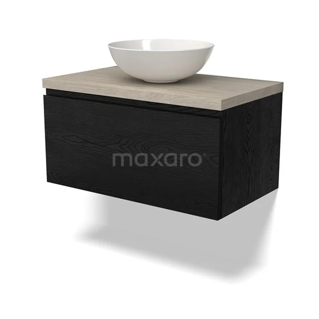 Schwarzes Holz-Badmöbel mit hellem Waschbecken und Natursteinen Platte, modernes Design geeignet für stilvolle Bäder.