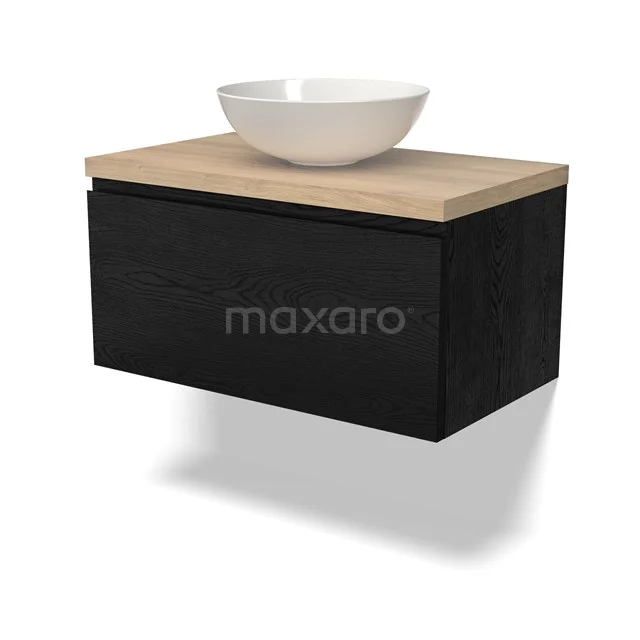 Schwarzer hängender Badschrank mit Holzplatte und weißem Aufsatzwaschbecken, ideal für eine moderne Badezimmer Einrichtung.