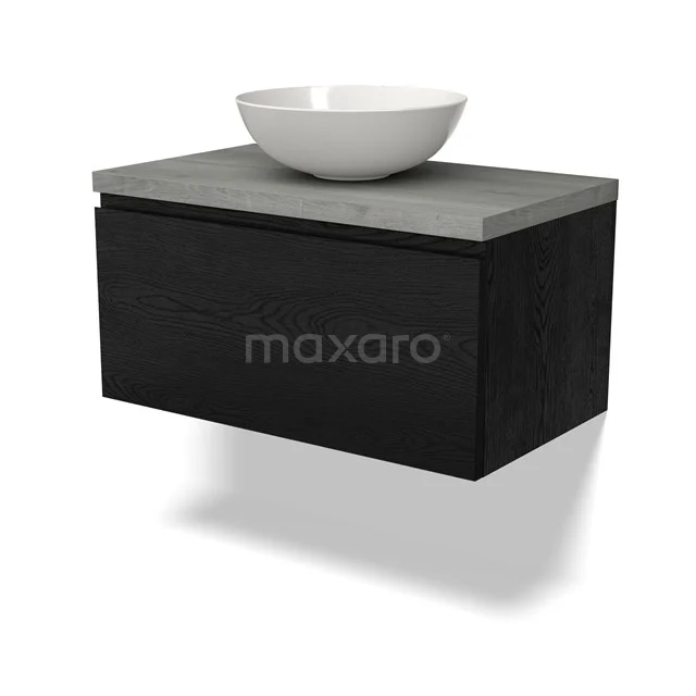 Waschtischunterschrank mit Konsole BMK11-02333 Zwevende schwarze Eiche Badmöbel mit grauer Beton Waschtischplatte und runder weißer Aufsatzwaschbecken, modernes Design für stilvolle Bäder.