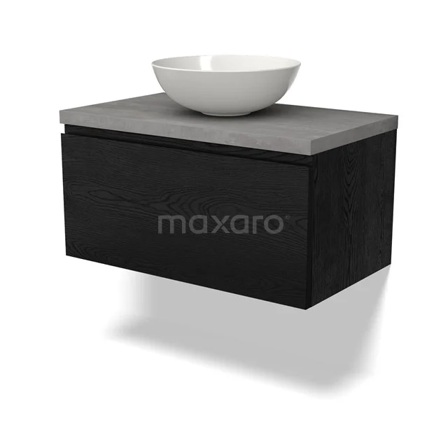 Schwarzes schwebendes Badmöbel mit Holzoptik, graue Platte und weißem Aufsatzwaschbecken. Modernes Design für stilvolle Bäder.