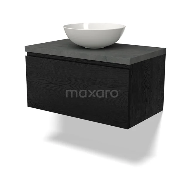 Schwarzes Holz-Badmöbel mit anthrazit Platte und weißem Aufsatzwaschbecken, schwebendes Design und modernes Aussehen.