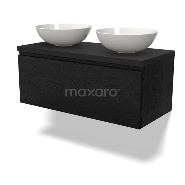 Schwarzes Holz Badezimmermöbel mit doppelten Aufsatzwaschbecken aus Keramik, ideal für ein stilvolles und modernes Badezimmer.