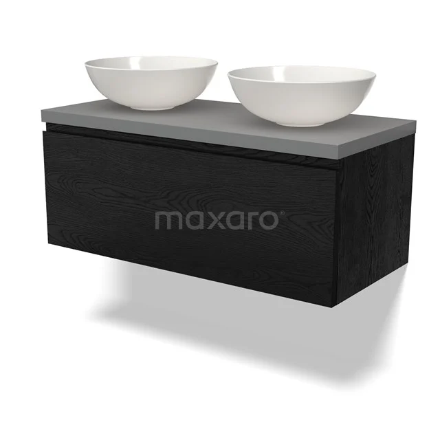 Schwarzes Holz-Badmöbel mit grauer Platte und zwei weißen ovalen Waschbecken, modernes Design für ein stilvolles Badezimmer.
