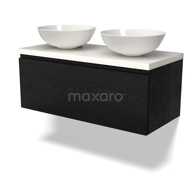 Schwarzes Badmöbel mit doppelten weißen Aufsatzwaschbecken, elegantes Design, wandhängend, ideal für moderne Bäder.