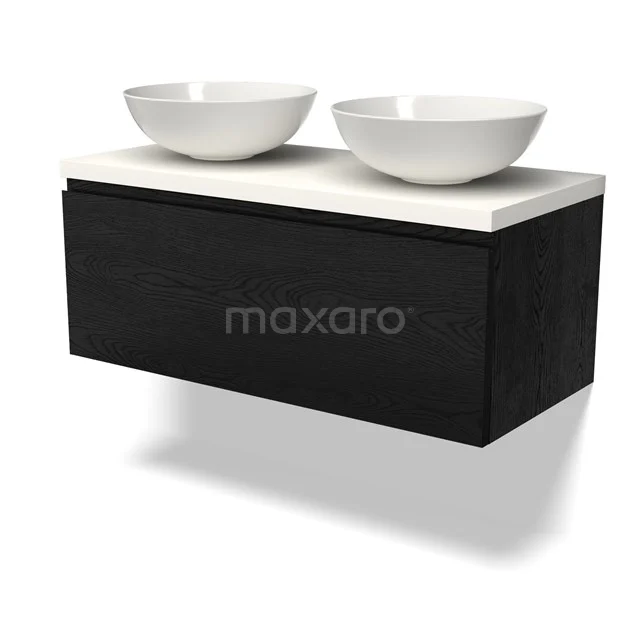 Modulo Plato Badmöbel mit Aufsatzwaschbecken | 100 cm Schwarze Eiche Grifflos front Matt Weiß blatt 1 Schublade BMK11-02340 Schwarzes Holz-Badmöbel mit zwei weißen Aufsatzwaschbecken, modernes Design und geeignet für stilvolle Badezimmeraufstellungen.