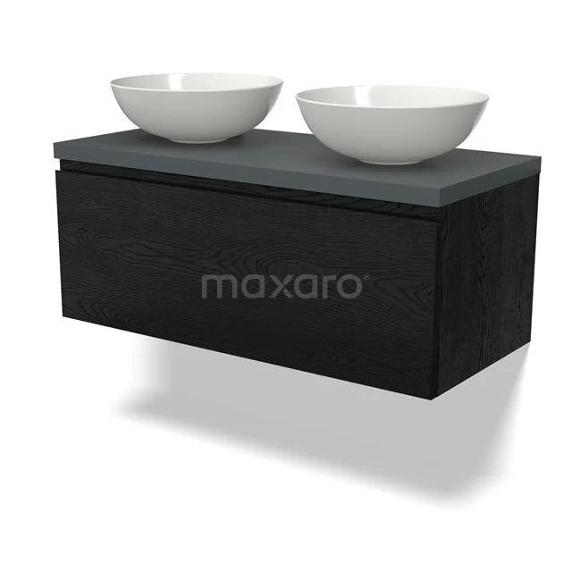 Schwarzes Holz-Badmöbel mit zwei weißen keramischen Aufsatzwaschbecken und einer matten grauen Oberplatte, modernes Design.