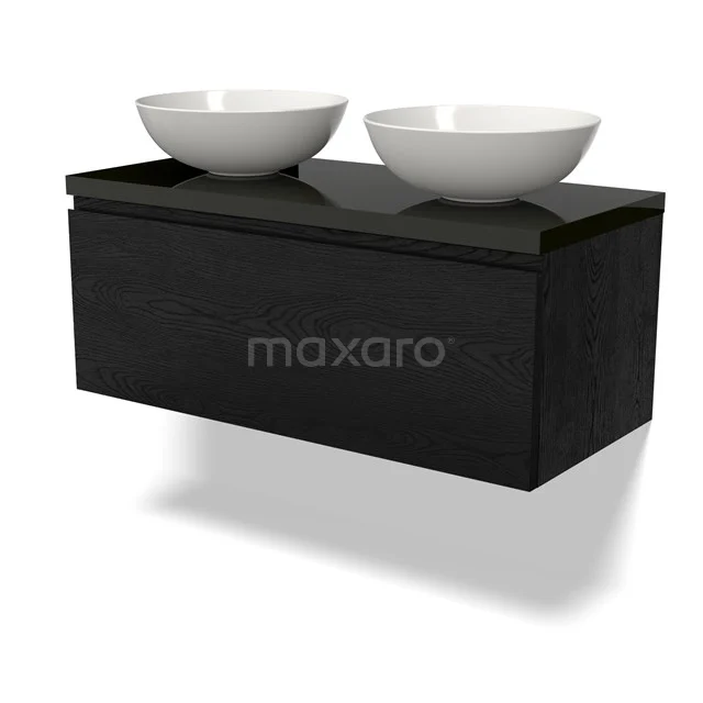 Modulo Plato Badmöbel mit Aufsatzwaschbecken | 100 cm Schwarze Eiche Grifflos front Hochglanz Schwarz blatt 1 Schublade BMK11-02342 Schwarzes Holz-Badmöbel mit zwei weißen schalenförmigen Waschbecken, modernes Design für elegante Bäder.