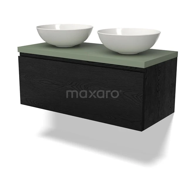 Schwarzes Holz-Badmöbel mit grüner Waschtischplatte und zwei weißen runden Aufsatzwaschbecken, modernes Design für ein stilvolles Badezimmer.