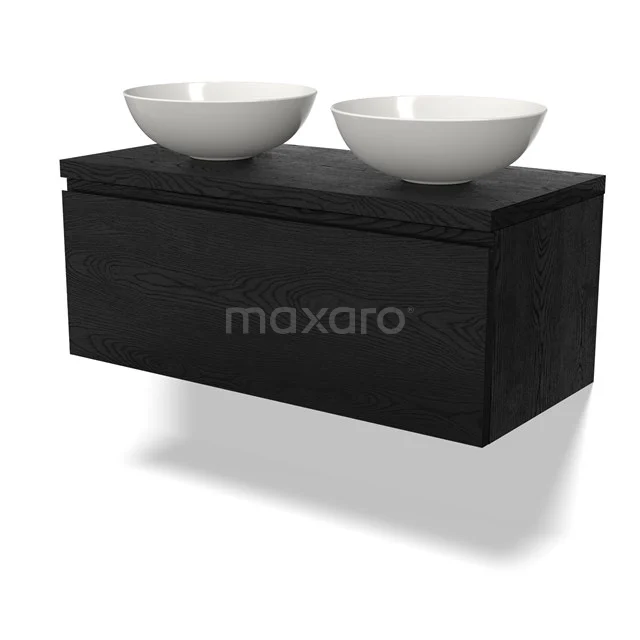 Schwarzes Holz Badezimmermöbel mit zwei weißen keramischen Aufsatzwaschbecken, modernes Design für stilvolle Badezimmergestaltung.