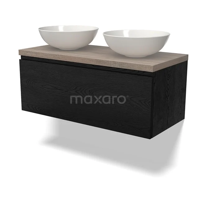 Zwevend Badmöbel Schwarz Holz mit Licht Eiche Platte und Doppelten Weißen Aufsatzwaschbecken, moderne Ausstrahlung.