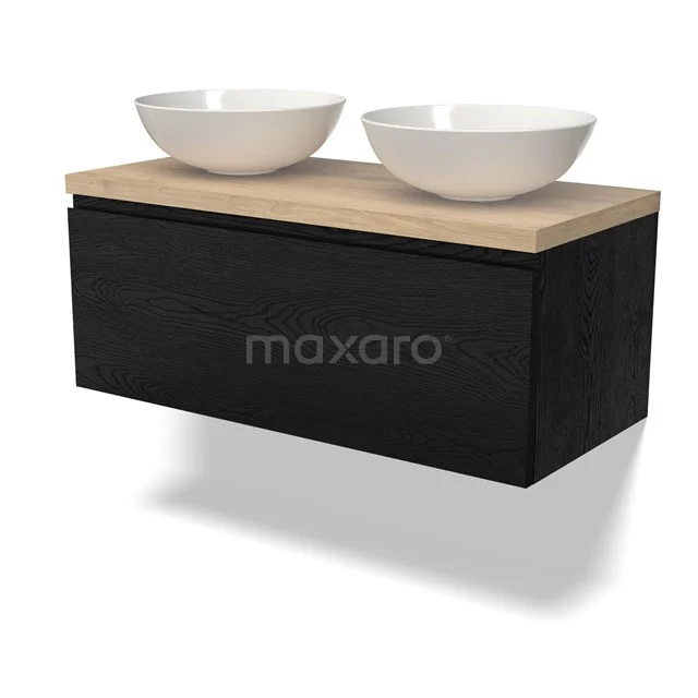Modulo Plato Badmöbel mit Aufsatzwaschbecken | 100 cm Schwarze Eiche Grifflos front Hellbraune Eiche blatt 1 Schublade BMK11-02347 Zweiflügeliger Schwarz Badschrank mit Holzoptik Platte und doppelten weißen Aufsatzwaschbecken, ideal für moderne Badezimmergestaltung.
