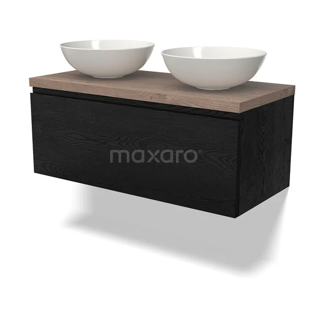 Schwarzes Holz Badezimmermöbel mit doppelten weißen Aufsatzwaschbecken und einer natürlichen Eichen Platte, modernes und stilvolles Design.