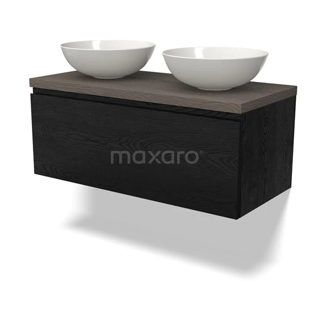 Schwarze Holz Badmöbel mit zwei ovalen weißen Aufsatzwaschbecken und einer robusten dunklen Platte, ideal für moderne Bäder.