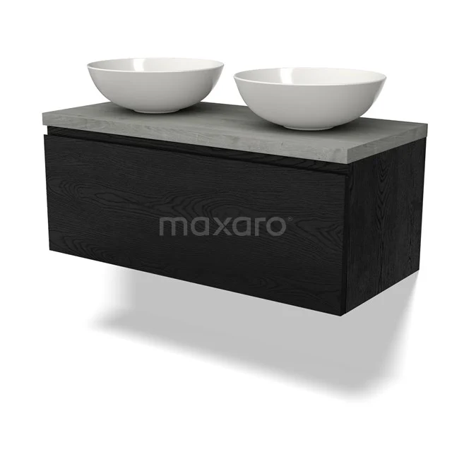 Schwarzer Holz-Badschrank mit Beton-Platte und zwei weißen Aufsatzwaschbecken, perfekt für einen modernen Badezimmer-Stil.