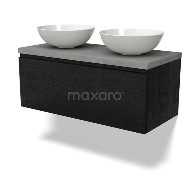 Waschtischunterschrank mit Konsole BMK11-02351 Schwarzes Holz Badezimmermöbel mit zwei weißen runden Aufsatzwaschbecken und grauer Beton Platte, schlicht modernes Design.