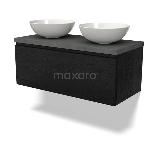 Waschtischunterschrank mit Konsole BMK11-02352 Schwarze Badmöbelset mit doppelten weißen Aufsatzwaschbecken, hängendes Design, ideal für ein stilvolles und modernes Badezimmer.