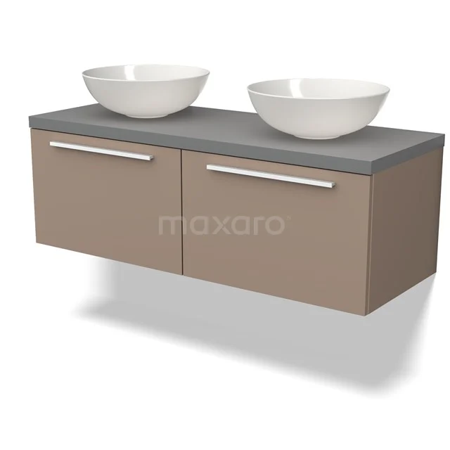 Waschtischunterschrank mit Konsole BMK12-01411 Taupe Badmöbel mit doppelten keramischen Waschbecken, schwebendem Design und grauer Platte, perfekt für moderne Bäder.