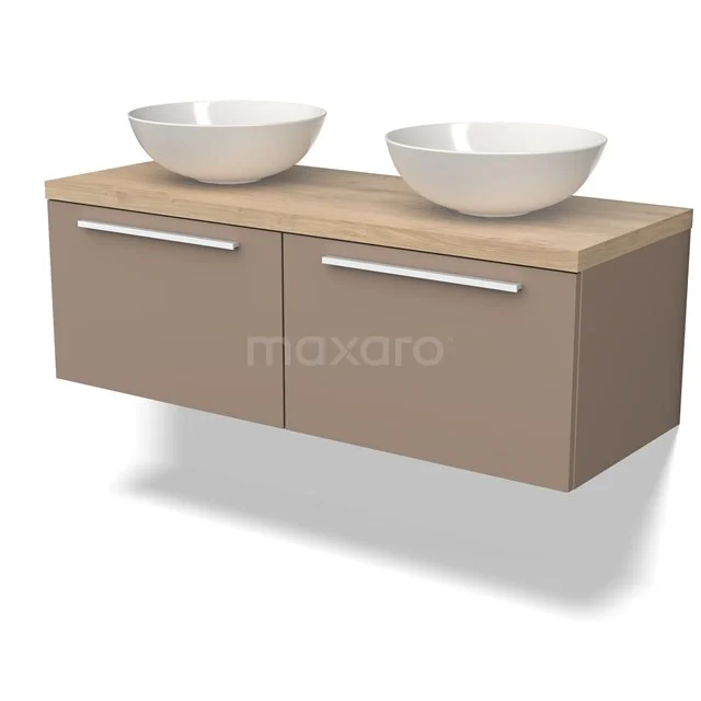 Zwevende beige Badmöbel mit Holzplatte und zwei weißen Aufsatzwaschbecken, modernes Design und sauber verarbeitet mit metallischen Griffen.