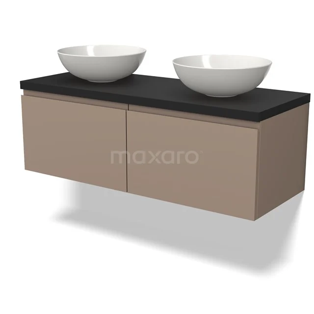 Modulo Plato Vanity units for countertop basin | 120 cm Taupe Handle-less front Matte black worktop 2 Side-by-side drawers BMK12-01426