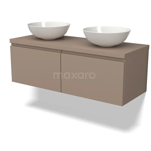 Beige hängendes Badmöbel mit zwei weißen Aufsatzwaschbecken, modernes Design, sauber verarbeitet und geeignet für jedes stilvolle Badezimmer.