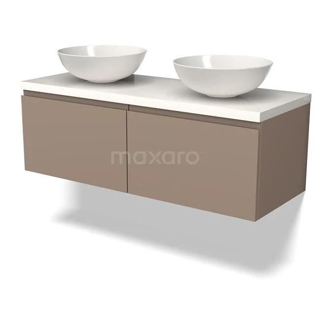 Modulo Plato Badkamermeubel voor waskom | 120 cm Taupe Greeploos front Hoogglans wit blad 2 lades naast elkaar BMK12-01429