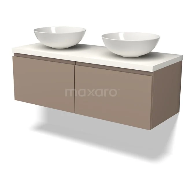 Modernes beiges Badmöbel mit zwei weißen Aufsatzwaschbecken, schwebendes Design, ideal zum stilvollen Verstauen im Badezimmer.