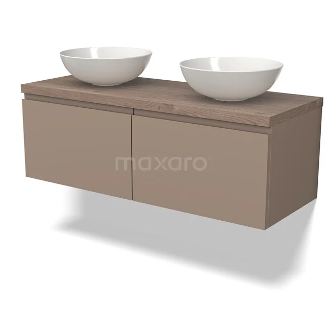 Modulo Plato Vanity units for countertop basin | 120 cm Taupe Handle-less front Mid brown oak worktop 2 Side-by-side drawers BMK12-01438