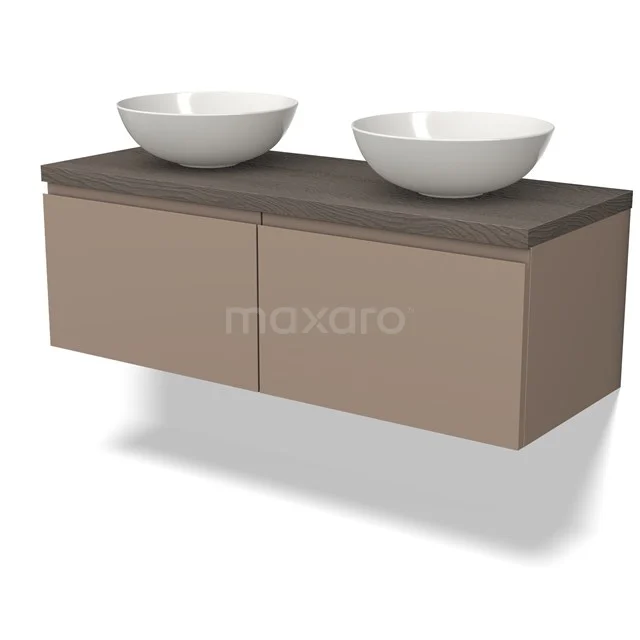 Sand-coloured floating bathroom unit with double ceramic countertop wash basin and wooden worktop, modern and stylish design.
