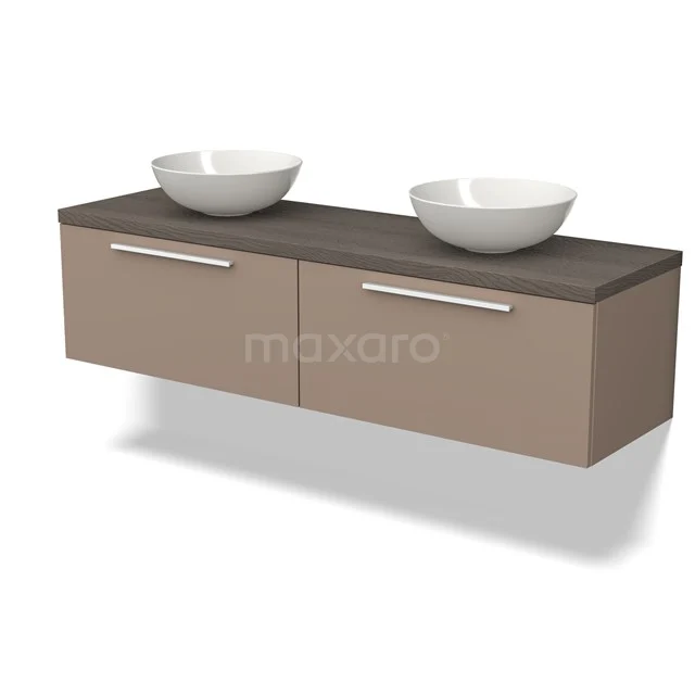 Beige Badmöbel mit Doppelwaschbecken, schwebendem Design und Holzplatte, ideal für moderne Bäder.